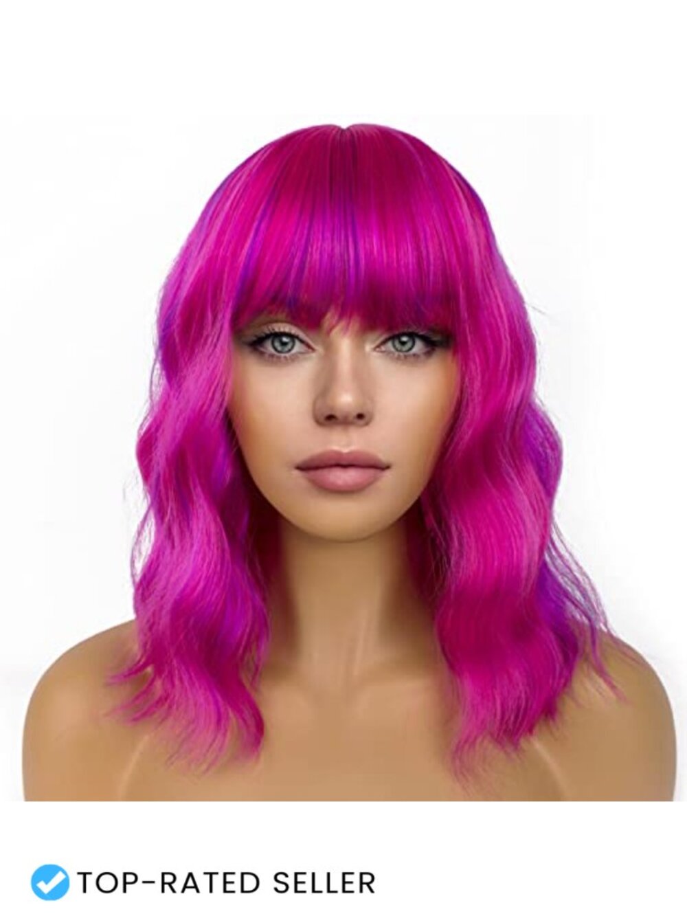 Short Bob Wig with Bangs Loose Wavy Heat Resistant Synthetic Shoulder Length